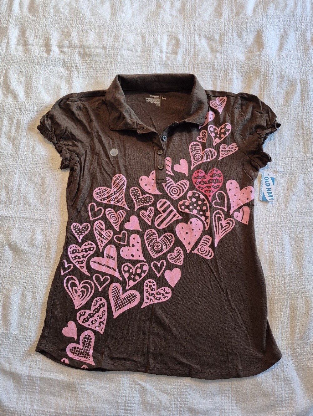 Old Navy girls Large 10/12 short sleeve brown shirt pink heart design NWT